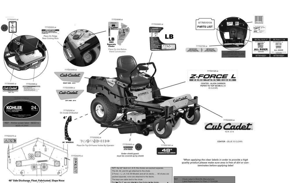 Label Map Diagram and Parts List for Z-FORCEL48KH (17ASDALB056)(2018) Cub Cadet Lawn Tractor